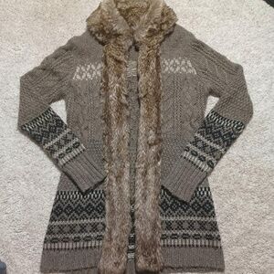 CYNTHIA ROWLEY Fur Trim Wool Blend Long Cardigan Knit Sweater